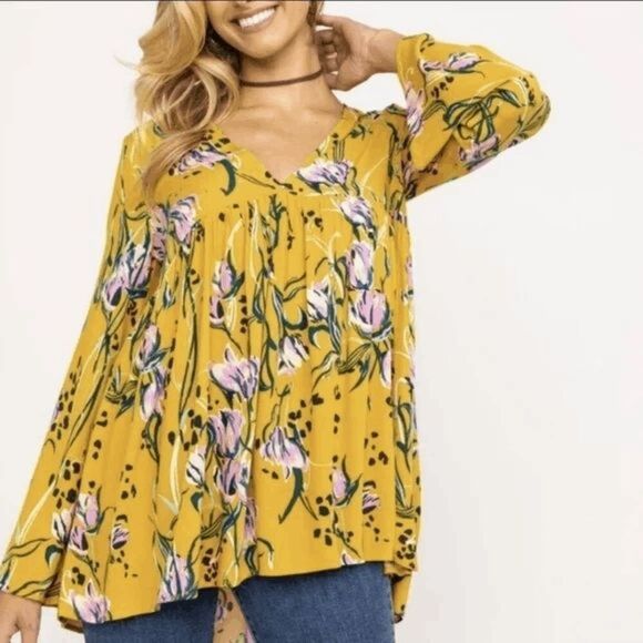 Free People size Small Bella Printed Tunic/ Mini Dress in Yellow Floral - Picture 5 of 16